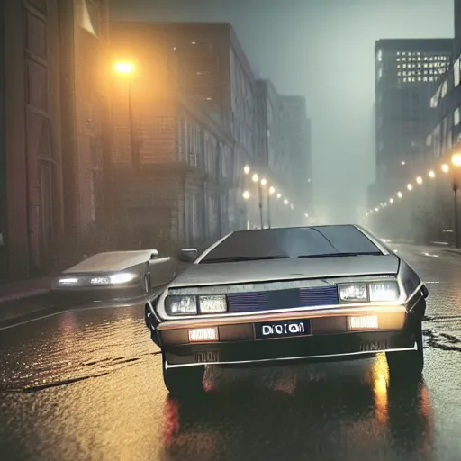 Image similar to hyperdetailed, photorealistic photograph of a dmc 1 2 delorean driving in the streets, rain, night, dense fog, hd, unreal engine 5