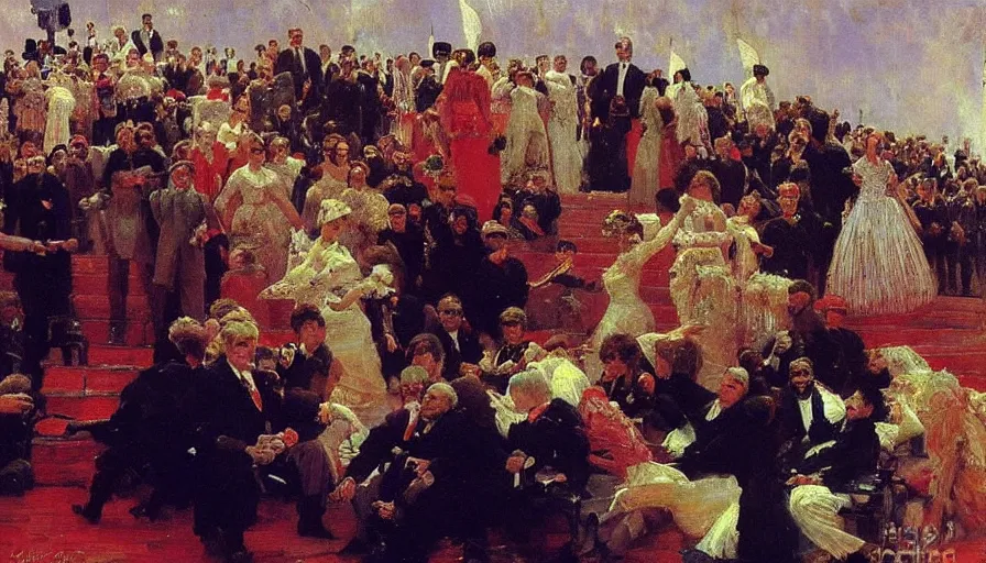 Image similar to painting by ilya repin, trump on the miting, detailed, stunning