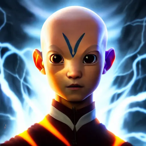 Image similar to portrait of a avatar aang, front angle, white glowing eyes, earthly elements raging in background, stunning 3 d render inspired art by greg rutkowski and xiang duan and thomas eakes, realistic, highly detailed attributes and atmosphere, dim volumetric cinematic lighting, 8 k octane detailed render, post - processing, masterpiece, soft vignette
