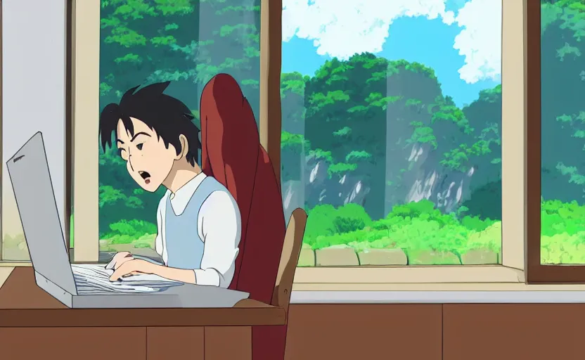 Image similar to angry man working from home at a computer, looking out the window, studio ghibli