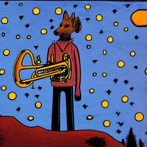 Prompt: a killer acid illustration of a dingo trumpet player standing alone on a hill near the river, filling the sky with music