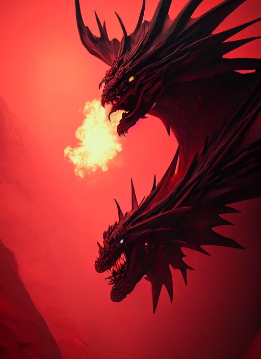 Prompt: black dragon with red demonic eyes on the red smoke background, photorealistic, ultra detailed, trending on artstation, concept art, octane render, unreal engine, by shinji aramaki, by christopher balaskas, by krenz cushart