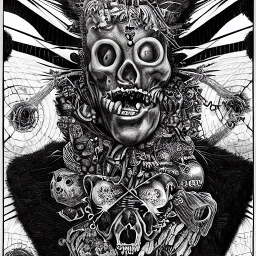 Prompt: punk metal album cover, black and white, psychedelic, giuseppe arcimboldo