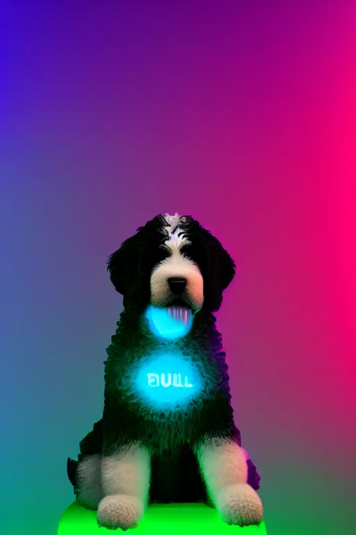 Image similar to a cute bernedoodle puppy sitting in a gaming chair + neon rgb light strips, large computer monitor, mountains in background!!!!!!!, vaporwave, dramatic, confident, rule of thirds, 4 k, award winning, octane render, volumetric lighting