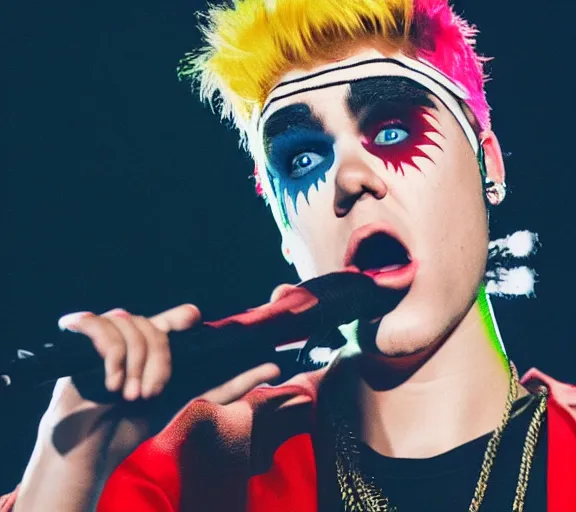 Image similar to color still shot of justin bieber lead singer performing in music group insane clown posse, face closeup