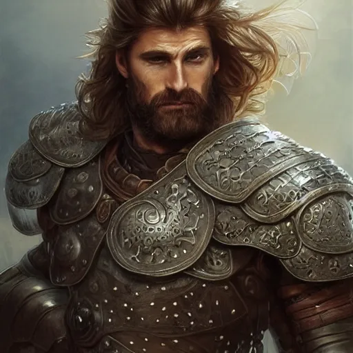 Image similar to portrait of a ruggedly handsome paladin, soft hair, muscular, half body, leather, hairy, d & d, fantasy, intricate armor, elegant, highly detailed, digital painting, artstation, concept art, smooth, sharp focus, illustration, art by artgerm and greg rutkowski and alphonse mucha