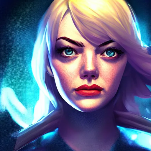 Image similar to emma stone portrait, arcane : league of legends, concept portrait, riot, game, detailed expression, high quality, cinematic lighting, fantasy, reflective, spotlight, digital artwork