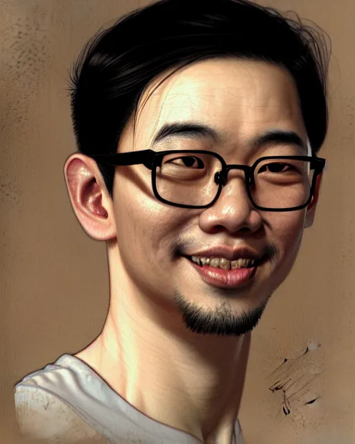 Prompt: A pregnant pale young Asian man with closed eyes smiling, very detailed face, wearing glasses, dark brown hair, gorgeous, beautiful, intricate, highly detailed, digital painting, artstation, concept art, sharp focus, illustration, art by Greg Rutkowski and Alphonse Mucha