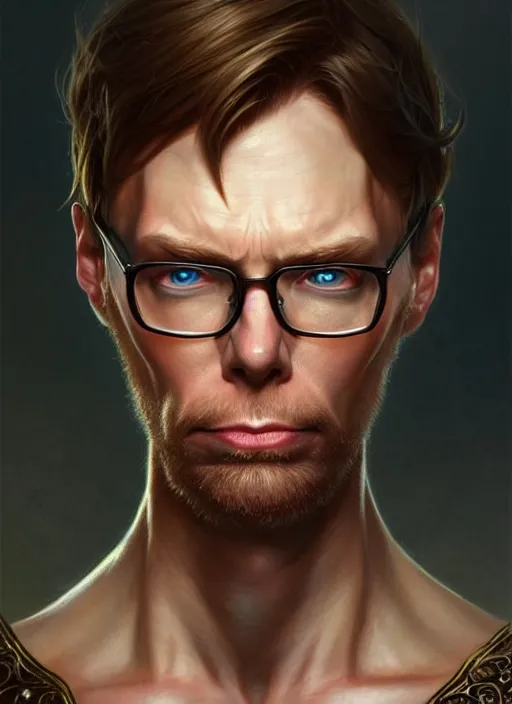 Image similar to portrait of stephen merchant, d & d, muscular! fantasy, intricate, elegant, highly detailed, digital painting, artstation, concept art, smooth, sharp focus, illustration, art by artgerm and greg rutkowski and alphonse mucha