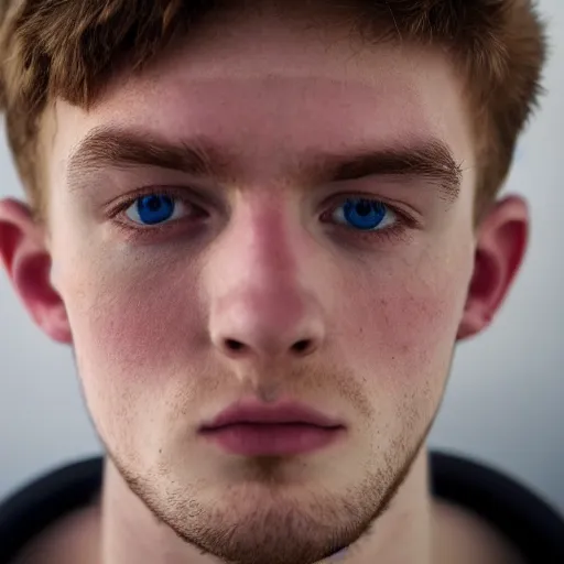 Image similar to 2 0 year old irish man with long face, long brown hair, strong chin, grey eyes, stubble