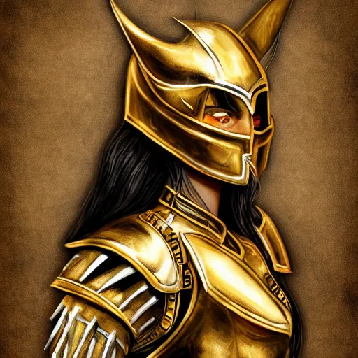 Image similar to female warrior in gold and black armor, semi-realistic, fantasy, digital painting, highly detailed