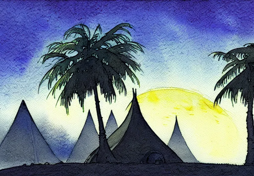 Prompt: a simple watercolor fantasy concept art of a dark grey boxy ufo next to a palm tree at night with white pyramids in the background. by studio ghibli, rebecca guay, michael kaluta, charles vess