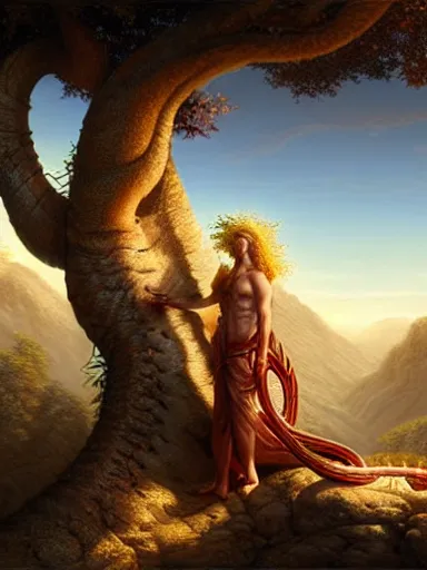 Prompt: adam and eve under the forbiden tree. an angel and a serpent looking at them. the sun and mountains on the background. intricate, elegant, highly detailed, digital painting, artstation, concept art, sharp focus, illustration, by justin gerard and artgerm, 8 k