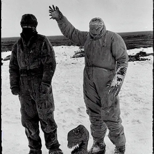 Prompt: a mummified t-rex corpse found in the artic with a man standing next to the t-rex corpse and waving at the camera, he is wearing a white full body suit, taken by a ww2 camera.