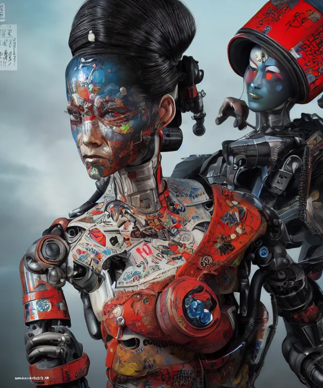 Image similar to an epic fantastic realism comic book style portrait painting of a japanese robotic geisha with kanji tattoos and decals, apex legends, octane render, intricate detail, 4 k hd, unreal engine 5, ex machina, irobot, gerald brom