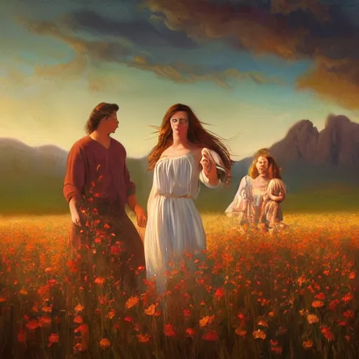 Image similar to oil painting portrait of a family one with long flowing hair in a white dress, dancing through a field of flowers at sunset with mountains in the background, hazy, chiaroscuro, artstation, cinematic, golden hour, digital art painting by diego velasquez and michelangelo hazy atmosphere, flowers, cinematic lighting