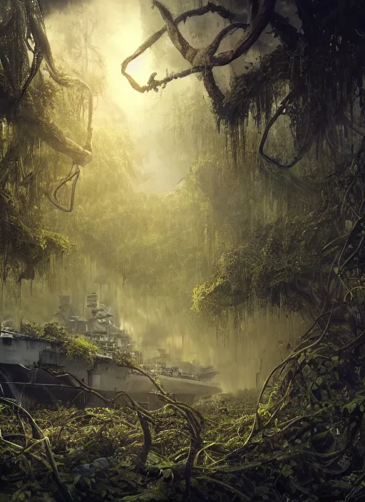 Prompt: decayed aircraft carrier USS Nimitz laying on the ground overgrown with vegetation and hanging vines, post apocalyptic, tropical forest, by Luis Royo, by Greg Rutkowski, low angle shot, dark, gritty, intricate, cover illustration, concept art, volumetric lighting, volumetric atmosphere, sharp focus, octane render, trending on artstation, 8k