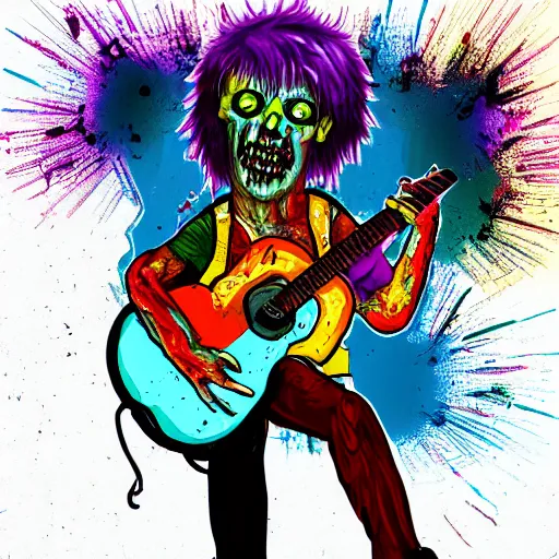 Prompt: Brightly colored zombie on stage, playing guitar in a metal band, digital art