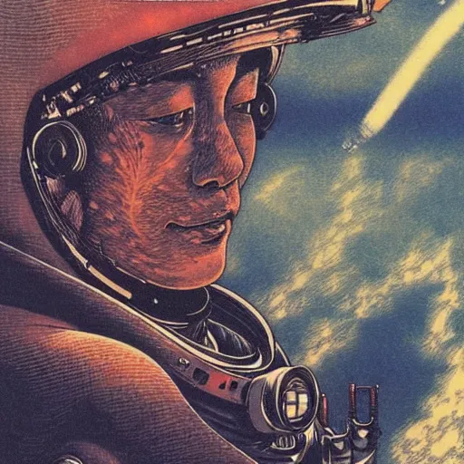Image similar to a simple concept art portrait of an astronaut, an award winning yoshitaka amano digital art, by, james gurney and gerhard richter. art by takato yamamoto. masterpiece, deep colours.