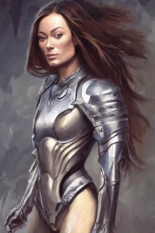 Image similar to a professional painting of a young Olivia Wilde, clothes in military armor, olive skin, long dark hair, beautiful bone structure, symmetrical facial features, intricate, elegant, digital painting, concept art, smooth, sharp focus, illustration, from StarCraft by Ruan Jia and Mandy Jurgens and Artgerm and William-Adolphe Bouguerea