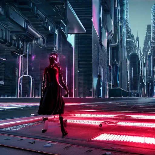 Prompt: photo of a lone terminator woman with borg implants walking in a futuristic city in a dystopian future made of electronic components and looks like a giant pcb board. Very detailed 8k. Unreal engine 5 render with nanite, global illumination and path tracing. Cinematic post processing. Emphasize on the colors black and red.