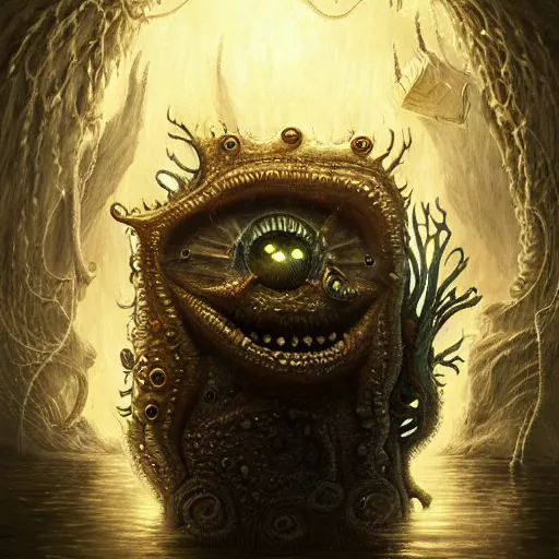 Image similar to portrait of SpongeBob as a large Lovecraftian monster, fantasy, intricate, elegant, highly detailed, digital painting, artstation, concept art, smooth, sharp focus, illustration, art by artgerm and greg rutkowski