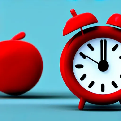 Image similar to Very tiny red alarm clock that looks like the iOS emoji and has the same colors, iOS emoji, 3D clay render, 4k UHD, white background, isometric top down left view, studio lighting, zoomed out very far