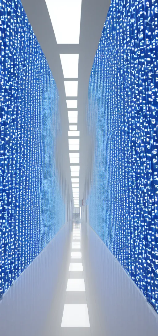 Prompt: an infinite white hallway with white pipes and blue screens on its walls