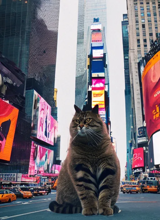 Image similar to a giant cat in times square, cinestill