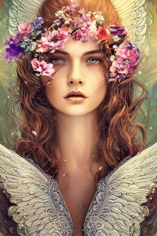 Image similar to beautiful young woman's face, magical, angelic wings, flowers, intricate, synth-wave, retrowave, highly-detailed, elegant, dramatic lighting, gorgeous face, lifelike, photorealistic face, long luxurious intricate gown, digital painting, artstation, illustration, concept art, smooth, sharp focus, art by Craig Russel, Barry Smith, artgerm, and Albert Aublet and Krenz Cushart and Artem Demura and Alphonse Mucha