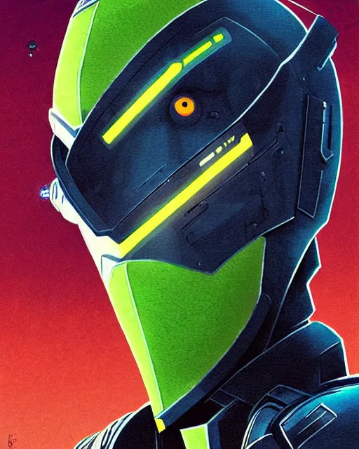 Image similar to genji the cyber ninja from overwatch, character portrait, portrait, close up, concept art, intricate details, highly detailed, vintage sci - fi poster, retro future, vintage sci - fi art, in the style of chris foss, rodger dean, moebius, michael whelan, and gustave dore