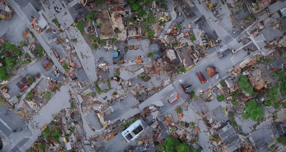 Prompt: top down aerial view of dilapidated zombie - apocalypse city with supermarket and shopping street in real life, desolate with zombies, dilapidated, zombies in the streets, nightmarish, some rusted style parked vehicles, sunny weather, few clouds, volumetric lighting, photorealistic, daytime, autumn, sharp focus, ultra detailed, cgsociety