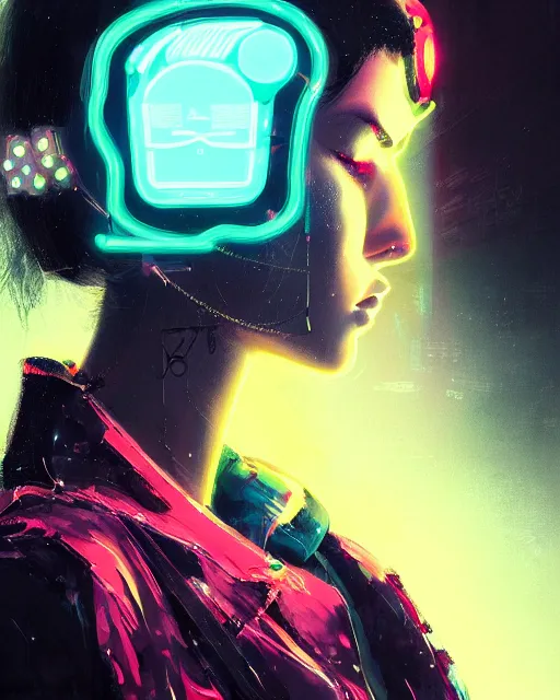 Image similar to detailed side profile portrait Neon Operator Girl, cyberpunk futuristic neon, reflective puffy coat, decorated with traditional Japanese ornaments by Ismail inceoglu dragan bibin hans thoma greg rutkowski Alexandros Pyromallis Nekro Rene Maritte Illustrated, Perfect face, fine details, realistic shaded, fine-face, pretty face