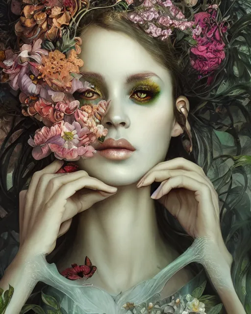 Prompt: portrait of the pempean queen of the underworld, surrounded by flowers by karol bak, james jean, tom bagshaw, rococo, sharp focus, trending on artstation, cinematic lighting, hyper realism, octane render, 8 k, hyper detailed.