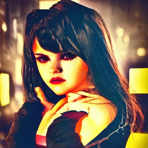 Prompt: 35mm macro shot of a aureole cyberpunk magical scarecrow Selena Gomez in a blend of manga-style art, augmented with vibrant composition and color, all filtered through a cybernetic lens, studio lighting, lit by flashing pixel light