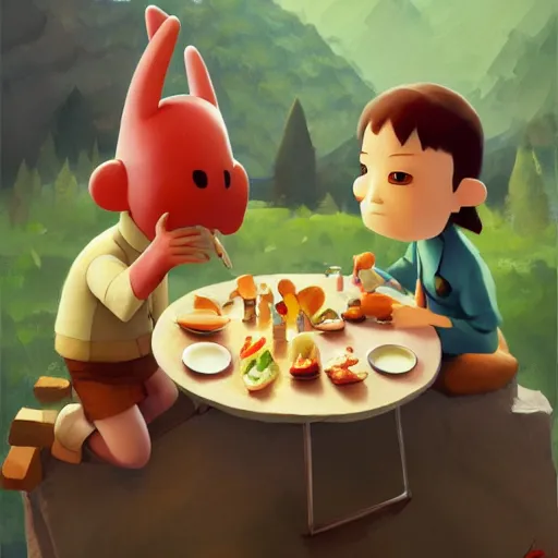 Image similar to goro fujita ilustration hikers eating around a table full of food, painting by goro fujita, sharp focus, highly detailed, artstation