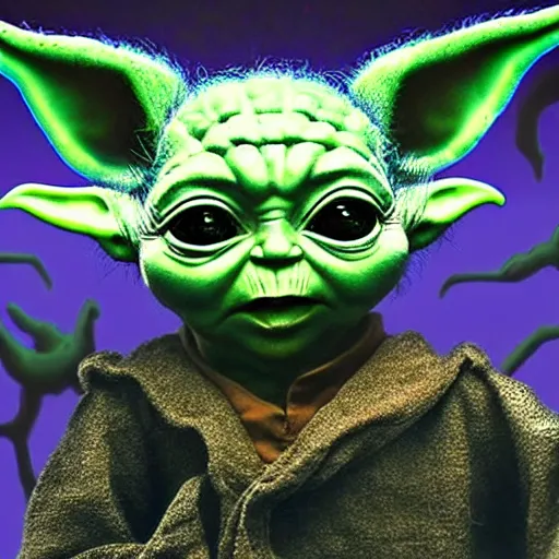 Prompt: baby yoda became bloody ugly lovecraftian degenerate abomination, photo - realistic, color image, 2 k, highly detailed, bodyhorror, occult art, by giger