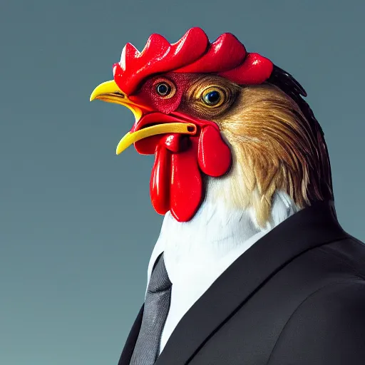 Image similar to a high detail shot of a chicken wearing a suit, realism, 8k