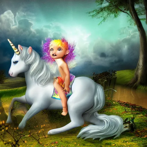 Image similar to dream : a fabulous landscape, a magical unicorn. a boy is sitting astride him. a cat is lying