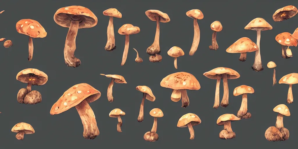 Prompt: game asset of unique mushrooms on black background, organic, in gouache detailed paintings, props, stylized, 2 d sprites, kitbash, 8 k, close up