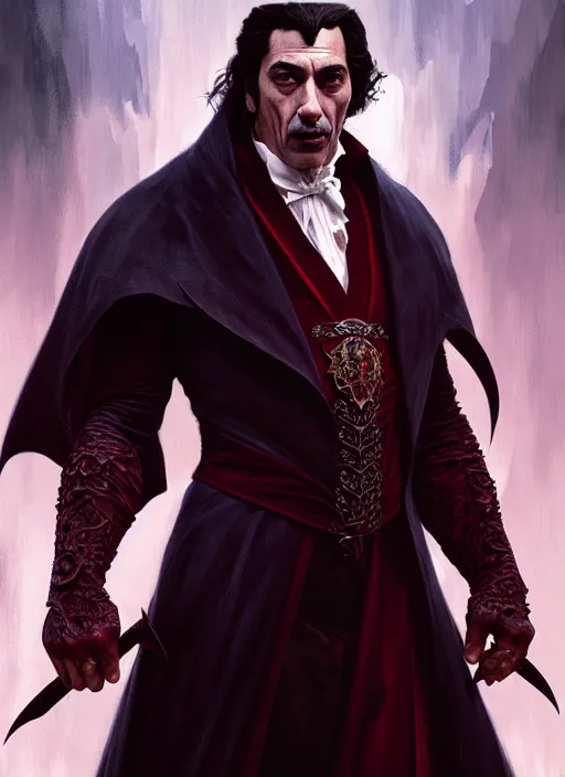 Prompt: Portrait of Javier Bardem as Dracula, D&D, muscular, fantasy, intricate, elegant, highly detailed, digital painting, artstation, concept art, smooth, sharp focus, illustration, art by artgerm and greg rutkowski and alphonse mucha