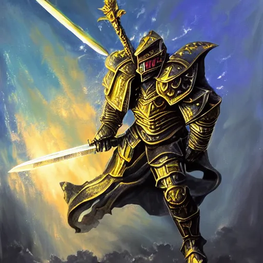 Prompt: A highly detailed matte acrylic painting of a heavily armored paladin wielding a very bright glowing gold sword, fighting in a huge battle at dusk.