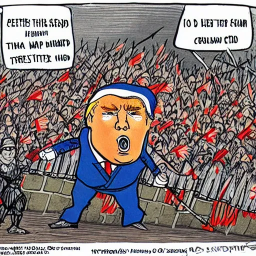 Prompt: political cartoon in color of trump cowering beneath a shield made of hundreds of tiny little people. the shield is being pelted by arrows. ( side view of trump in a squatting position holding the human shield )