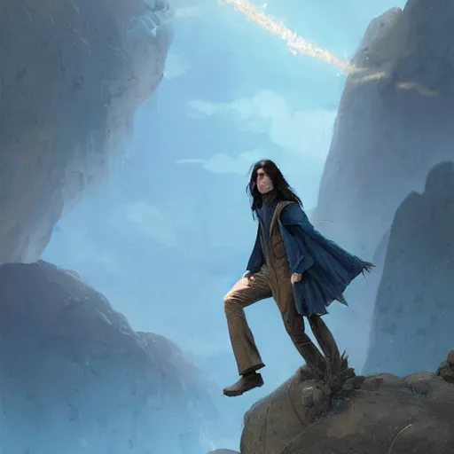 Prompt: a young man with long wavy black hair and a long blue coat floats in the air very high up over rocky ground. he is glowing. fantasy painting by greg rutkowski.