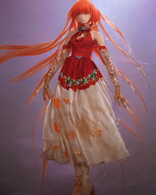 Prompt: studio photo portrait of Asuka Langley from evangelion wearing floral garlands over her traditional dress. full height portrait of Asuka from eva as a slavic pagan priestess wearing traditional pagan dress adorned with golden tiara, concept art by Greg Rutkowski and James Dean and Ross Tran, ultrarealistic octane render, 8k, rtx on, trending on ArtStation