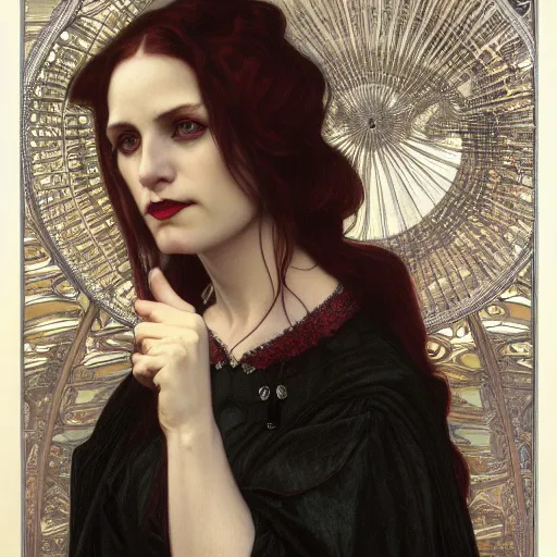 Image similar to portrait of a lady vampire, 35mm, victorian, depth of field, ominous, sharp, highly detailed, photorealistic, realistic, unreal 5, high definition, 8k, deviantart, donato giancola, irwin penn, ((Alphonse Mucha))