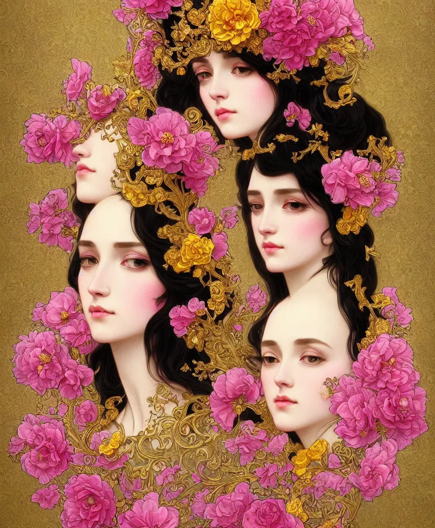 Image similar to beautiful black pink yellow, complicated gold and pink flowers in baroque style headwears, dark fantasy, intricate, elegant, highly detailed, digital painting, artstation, concept art, matte, 3 d 8 k octane rendered, sharp focus, illustration, octane rendered, art by artgerm and alphonse mucha, leesha hannigan