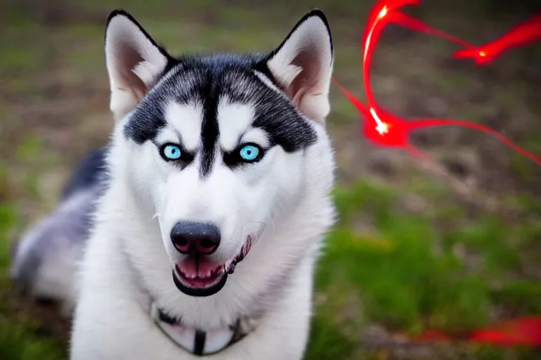 Prompt: picure of a very scary husky with red lasers shooting from its eyes. looking away from the camera. distinct red eyes clearly visible. the whole husky is visible in frame. anatomically correct husky