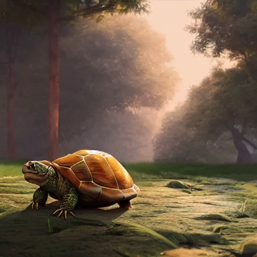 Image similar to A beautiful ultradetailed digital painting of a tortle monk, subject fully in frame, light effect, very detailed, by beeple, Makoto Shinkai, 4k, Trending on artstation, ultrawide lens