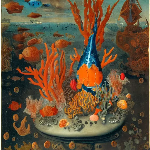 Image similar to bottle vase of coral under the sea decorated with a dense field of stylized scrolls that have opaque outlines enclosing mottled blue washes, with orange shells and purple fishes, Ambrosius Bosschaert the Elder, oil on canvas